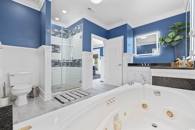 17 Trigger Fish Ln, Murrells Inlet, SC 29576 - bathroom featuring toilet, a shower stall, a tub with jets, vanity, and crown molding