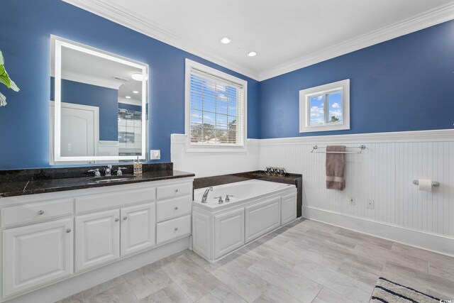 17 Trigger Fish Ln, Murrells Inlet, SC 29576 - full bath with vanity, a garden tub, wainscoting, ornamental molding, and recessed lighting