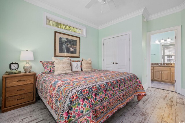 17 Trigger Fish Ln, Murrells Inlet, SC 29576 - bedroom featuring light wood finished floors, a closet, ornamental molding, a ceiling fan, and connected bathroom