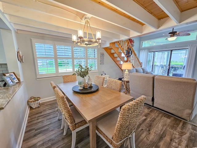 323 Wendover Ct Unit 10-A, Myrtle Beach, SC 29572 - dining space with stairs, a chandelier, beamed ceiling, dark wood-style flooring, and a ceiling fan
