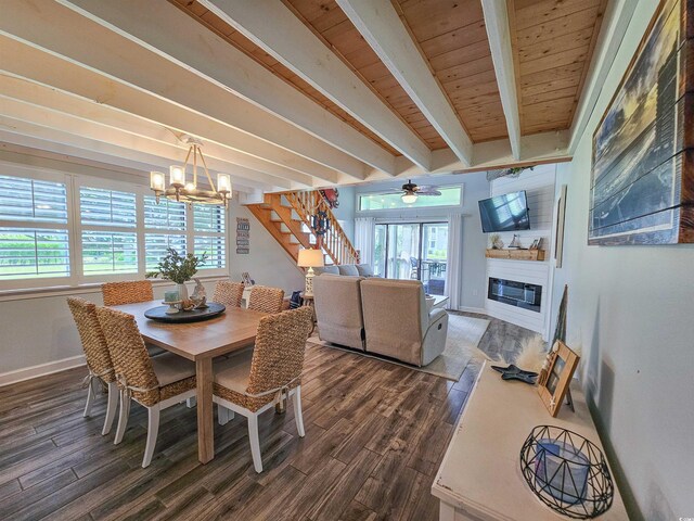 323 Wendover Ct Unit 10-A, Myrtle Beach, SC 29572 - dining room featuring stairway, beam ceiling, healthy amount of natural light, a chandelier, and dark wood-style flooring