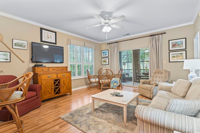 405 Pipers Ln Unit 405, Myrtle Beach, SC 29575 - living area featuring light wood-style flooring, crown molding, ceiling fan, and baseboards