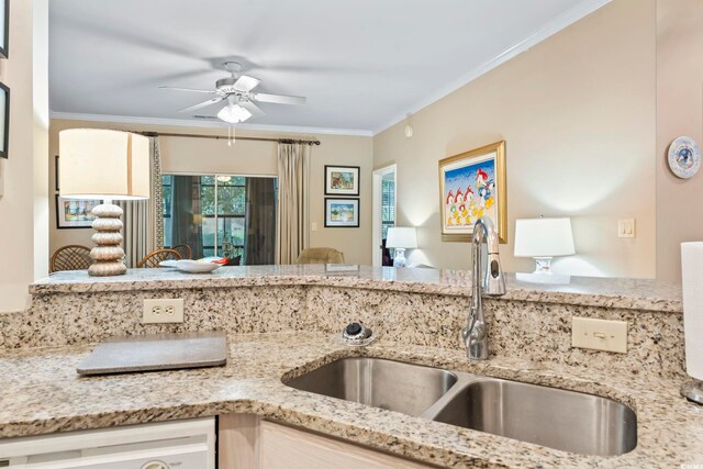 405 Pipers Ln Unit 405, Myrtle Beach, SC 29575 - kitchen featuring a sink, ceiling fan, crown molding, light stone counters, and dishwashing machine