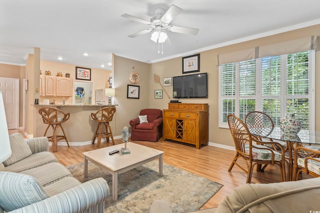 405 Pipers Ln Unit 405, Myrtle Beach, SC 29575 - living room with baseboards, crown molding, light wood-type flooring, a ceiling fan, and recessed lighting