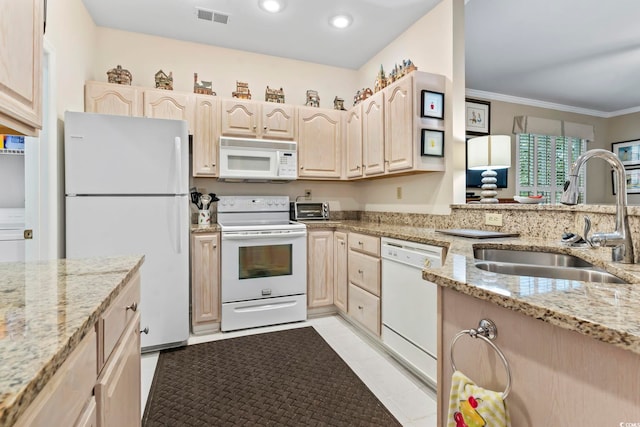 405 Pipers Ln Unit 405, Myrtle Beach, SC 29575 - kitchen featuring white appliances, a sink, light brown cabinetry, light stone countertops, and crown molding