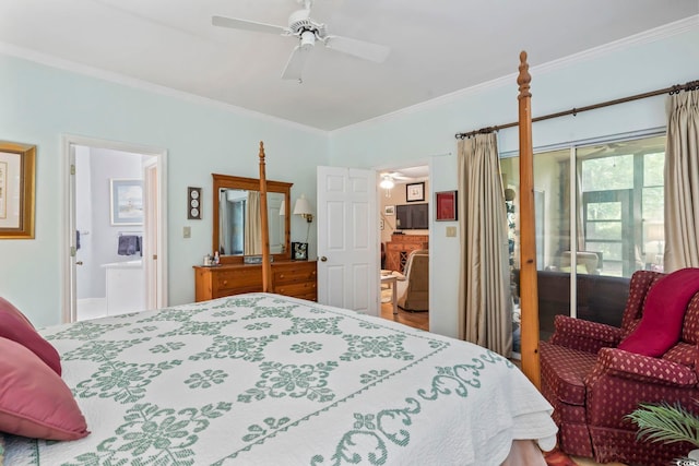 405 Pipers Ln Unit 405, Myrtle Beach, SC 29575 - bedroom featuring ornamental molding, ensuite bath, and ceiling fan