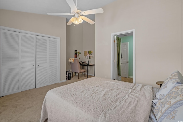 830 44th Ave N Unit T3, Myrtle Beach, SC 29577 - bedroom featuring carpet flooring, a closet, a towering ceiling, and ceiling fan