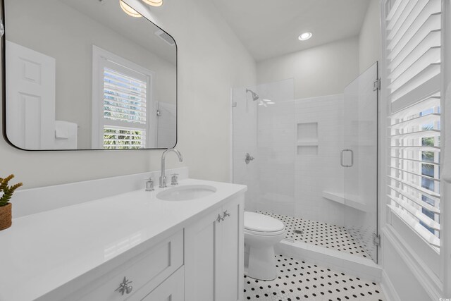 573 S Dunes Dr, Pawleys Island, SC 29585 - full bathroom with a shower stall, vanity, tile patterned floors, and recessed lighting