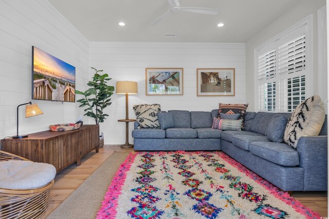 573 S Dunes Dr, Pawleys Island, SC 29585 - living area featuring wood finished floors, recessed lighting, wooden walls, and a ceiling fan