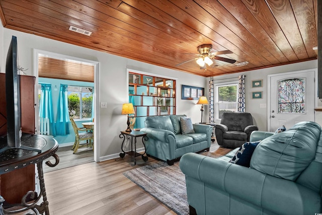 2006 S Ocean Blvd, North Myrtle Beach, SC 29582 - living area with wooden ceiling, light wood-style flooring, ceiling fan, baseboards, and crown molding