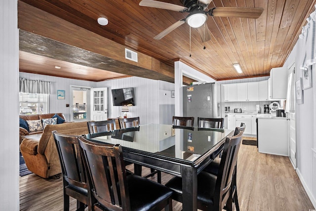 2006 S Ocean Blvd, North Myrtle Beach, SC 29582 - dining room featuring wooden ceiling, light wood-style floors, ceiling fan, and crown molding