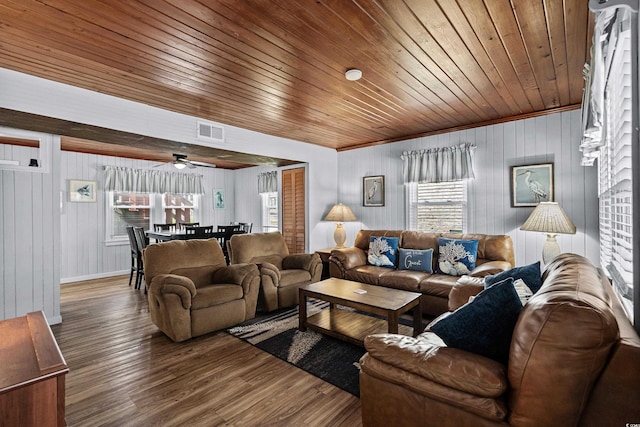 2006 S Ocean Blvd, North Myrtle Beach, SC 29582 - living area featuring wood finished floors, wood ceiling, wooden walls, ceiling fan, and baseboards