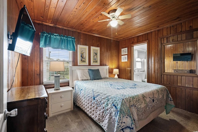 2006 S Ocean Blvd, North Myrtle Beach, SC 29582 - carpeted bedroom featuring wooden walls, wood ceiling, and connected bathroom