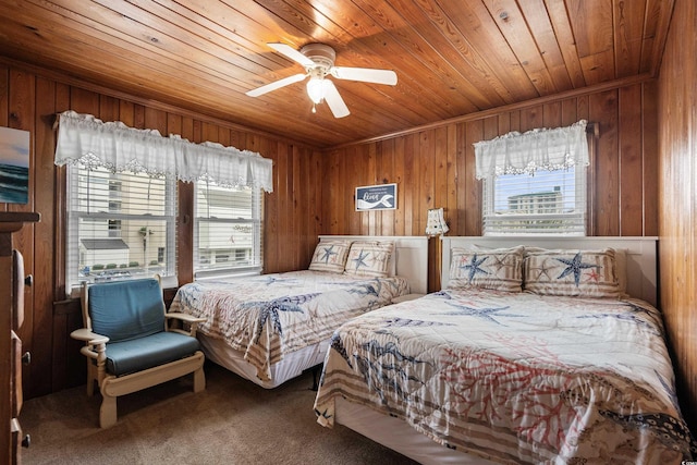 2006 S Ocean Blvd, North Myrtle Beach, SC 29582 - bedroom featuring multiple windows, wood ceiling, wood walls, carpet floors, and ceiling fan