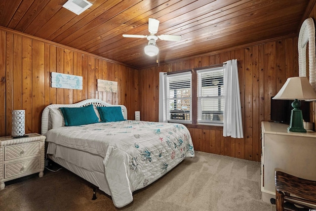 2006 S Ocean Blvd, North Myrtle Beach, SC 29582 - bedroom featuring wooden ceiling, carpet flooring, wood walls, and ceiling fan