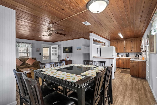 2006 S Ocean Blvd, North Myrtle Beach, SC 29582 - dining space with wooden ceiling, ceiling fan, light wood-style flooring, and ornamental molding