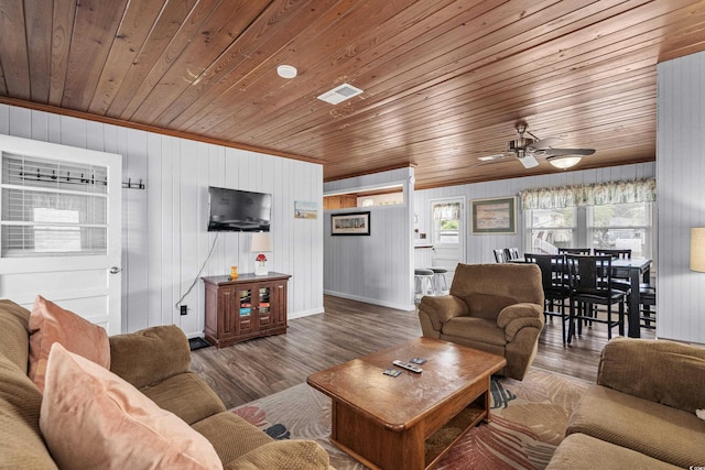2006 S Ocean Blvd, North Myrtle Beach, SC 29582 - living room featuring wood ceiling, wood finished floors, ceiling fan, baseboards, and wooden walls