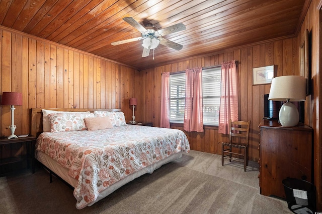 2006 S Ocean Blvd, North Myrtle Beach, SC 29582 - bedroom featuring wood ceiling, wooden walls, carpet, and ceiling fan