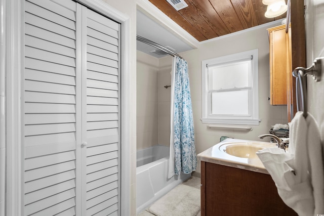 2006 S Ocean Blvd, North Myrtle Beach, SC 29582 - bathroom featuring wood ceiling, shower / bathtub combination with curtain, vanity, a closet, and tile patterned floors