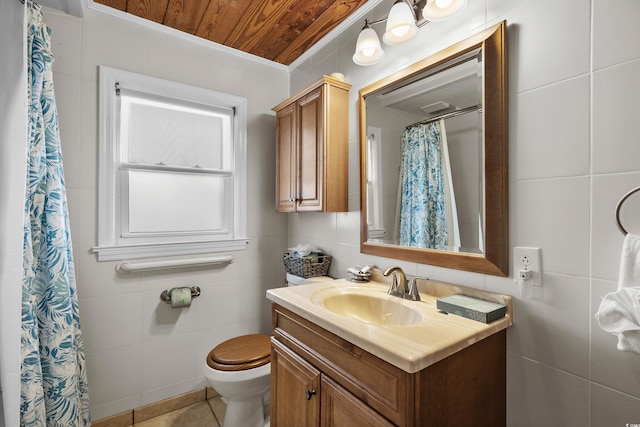 2006 S Ocean Blvd, North Myrtle Beach, SC 29582 - full bath featuring vanity, wood ceiling, toilet, tile walls, and a shower with curtain