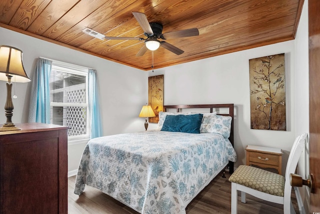 2006 S Ocean Blvd, North Myrtle Beach, SC 29582 - bedroom featuring wooden ceiling, crown molding, wood finished floors, and ceiling fan