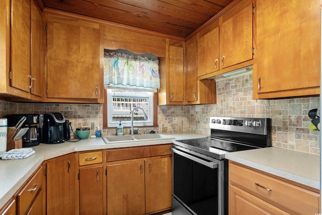 2006 S Ocean Blvd, North Myrtle Beach, SC 29582 - kitchen featuring electric stove, a sink, tasteful backsplash, light countertops, and wooden ceiling