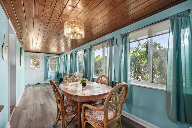 2006 S Ocean Blvd, North Myrtle Beach, SC 29582 - sunroom with wood ceiling, wood finished floors, a chandelier, and baseboards