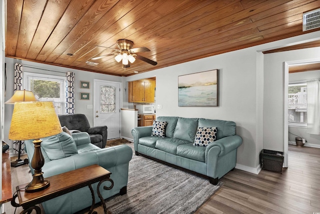 2006 S Ocean Blvd, North Myrtle Beach, SC 29582 - living room with wood ceiling, baseboards, crown molding, a ceiling fan, and wood finished floors