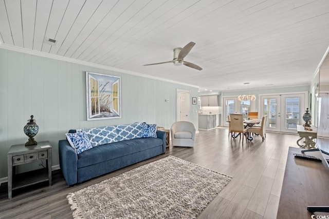 312 35th Ave N, North Myrtle Beach, SC 29582 - living room with ornamental molding, wood finished floors, a ceiling fan, and wood ceiling