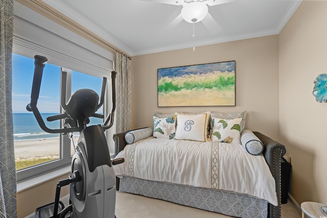 8500 Margate Cir Unit 505, Myrtle Beach, SC 29572 - carpeted bedroom with ornamental molding, a water view, and ceiling fan