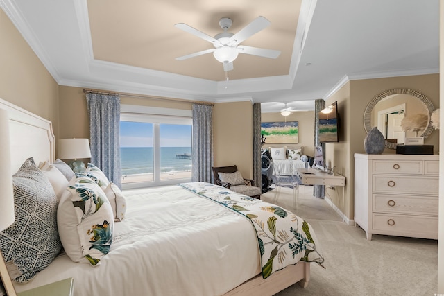 8500 Margate Cir Unit 505, Myrtle Beach, SC 29572 - bedroom with a tray ceiling, light colored carpet, crown molding, and a ceiling fan