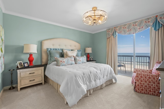 8500 Margate Cir Unit 505, Myrtle Beach, SC 29572 - bedroom featuring light colored carpet, crown molding, access to exterior, a chandelier, and a water view