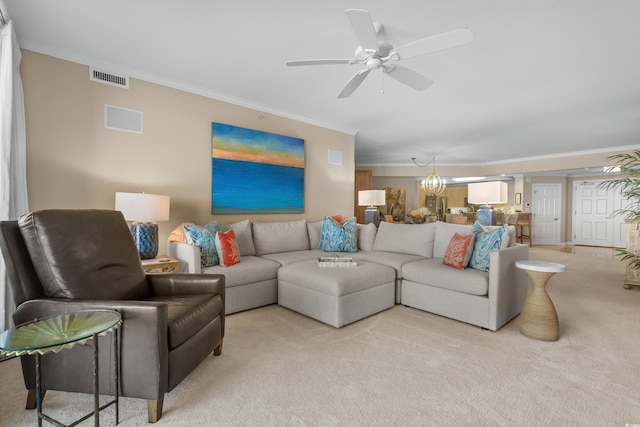 8500 Margate Cir Unit 505, Myrtle Beach, SC 29572 - living room featuring crown molding, light carpet, and a ceiling fan