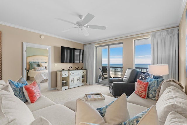 8500 Margate Cir Unit 505, Myrtle Beach, SC 29572 - living area with light carpet, ornamental molding, and ceiling fan
