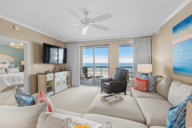 8500 Margate Cir Unit 505, Myrtle Beach, SC 29572 - living area featuring ornamental molding, light colored carpet, ceiling fan, and a chandelier