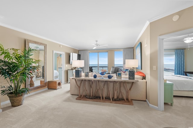 8500 Margate Cir Unit 505, Myrtle Beach, SC 29572 - living room featuring ceiling fan, ornamental molding, and light carpet