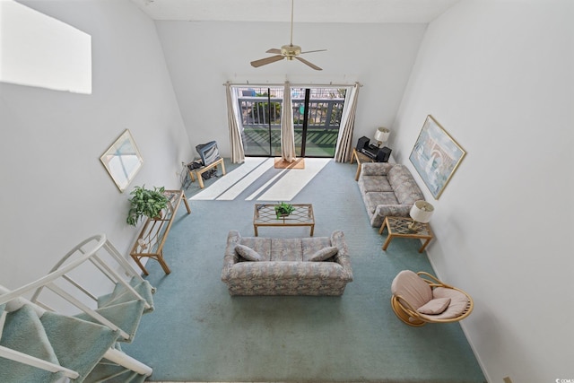 1890 Colony Dr Unit 17L, Surfside Beach, SC 29575 - living room with carpet floors, ceiling fan, and high vaulted ceiling