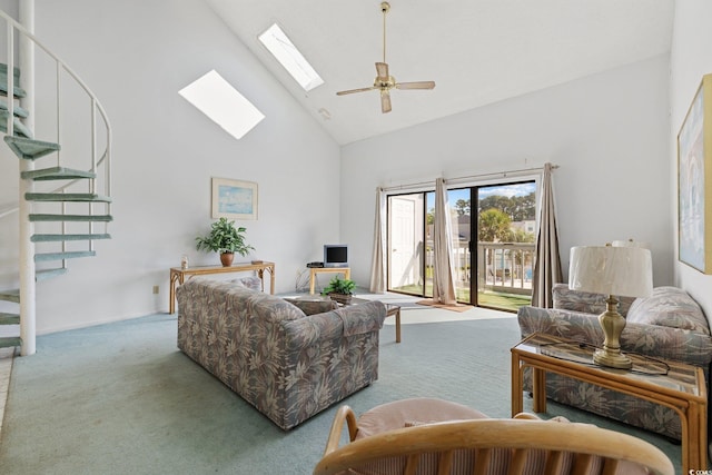 1890 Colony Dr Unit 17L, Surfside Beach, SC 29575 - living area with high vaulted ceiling, carpet floors, a skylight, stairway, and ceiling fan