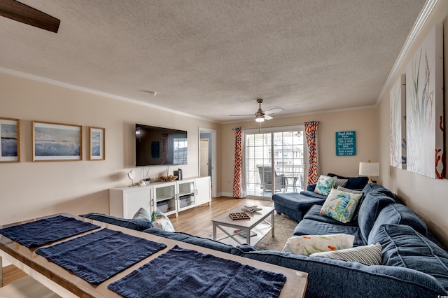 321 53rd Ave N, North Myrtle Beach, SC 29582 - living area with a textured ceiling, ornamental molding, a ceiling fan, and wood finished floors