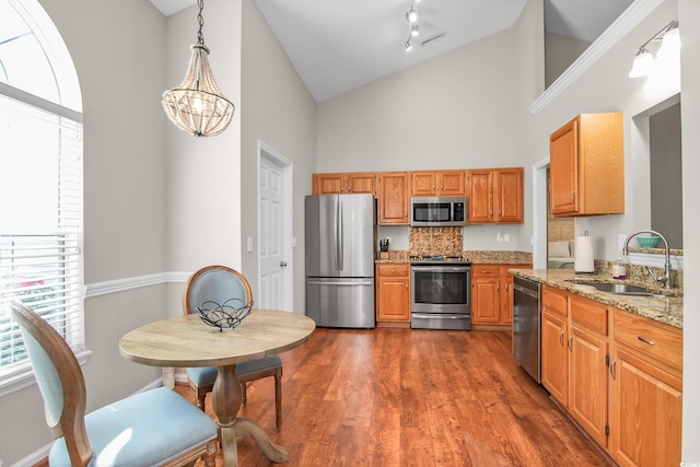161 Patriot Ln, Pawleys Island, SC 29585 - kitchen with stainless steel appliances, high vaulted ceiling, light stone counters, a chandelier, and dark wood finished floors