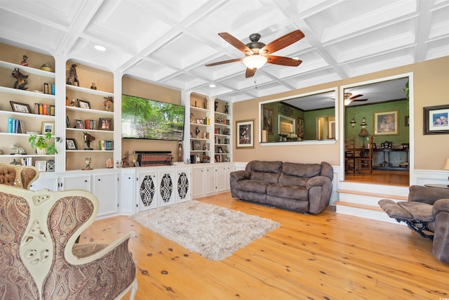 308 Old Stage Rd, Mullins, SC 29574 - living room with ceiling fan, wood finished floors, built in shelves, coffered ceiling, and beamed ceiling