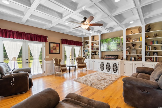308 Old Stage Rd, Mullins, SC 29574 - living room featuring french doors, light wood-style flooring, built in shelves, coffered ceiling, and ceiling fan