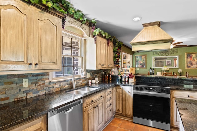 308 Old Stage Rd, Mullins, SC 29574 - kitchen with stainless steel appliances, a sink, decorative backsplash, light tile patterned flooring, and custom range hood