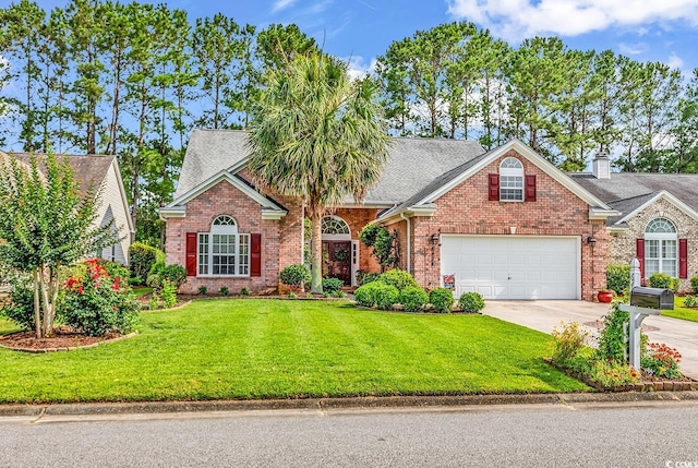 6434 Longwood Dr, Murrells Inlet, SC 29576 - traditional-style home featuring driveway, brick siding, a front yard, and a garage