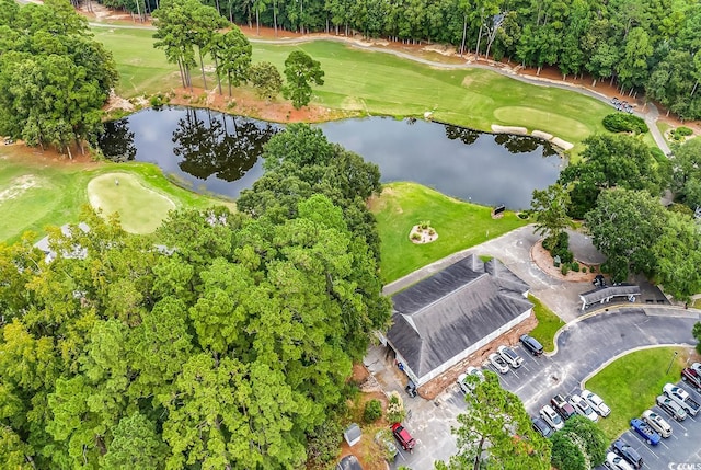 6434 Longwood Dr, Murrells Inlet, SC 29576 - aerial overview of property's location with a large body of water, a golf course, and a tree filled landscape