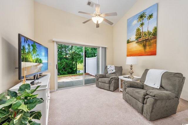 265 Connemara Dr Unit D, Myrtle Beach, SC 29579 - living area with carpet floors, ceiling fan, and high vaulted ceiling