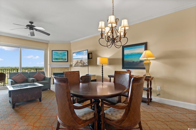 8121 Amalfi Pl Unit 4-1006, Myrtle Beach, SC 29572 - dining space featuring a chandelier, crown molding, carpet floors, baseboards, and ceiling fan