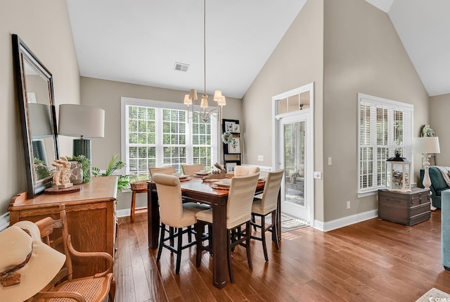 904 Moultrie Cir, Myrtle Beach, SC 29588 - dining area with a chandelier, wood finished floors, and high vaulted ceiling