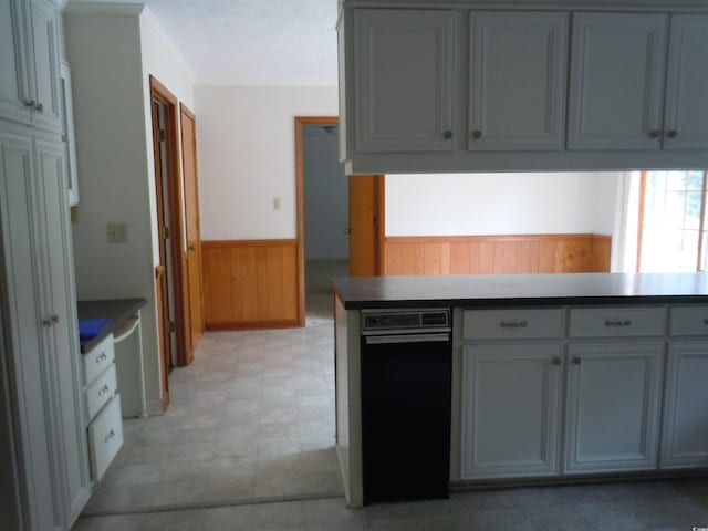 8202 Joe Brown Hwy S, Clarendon, NC 28432 - kitchen with wainscoting, wooden walls, light floors, and gray cabinets