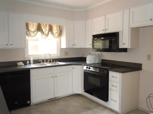 8202 Joe Brown Hwy S, Clarendon, NC 28432 - kitchen with black appliances, dark countertops, a sink, white cabinetry, and ornamental molding